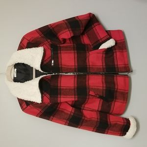 Women's medium red plaid jacket with sherpa collar.